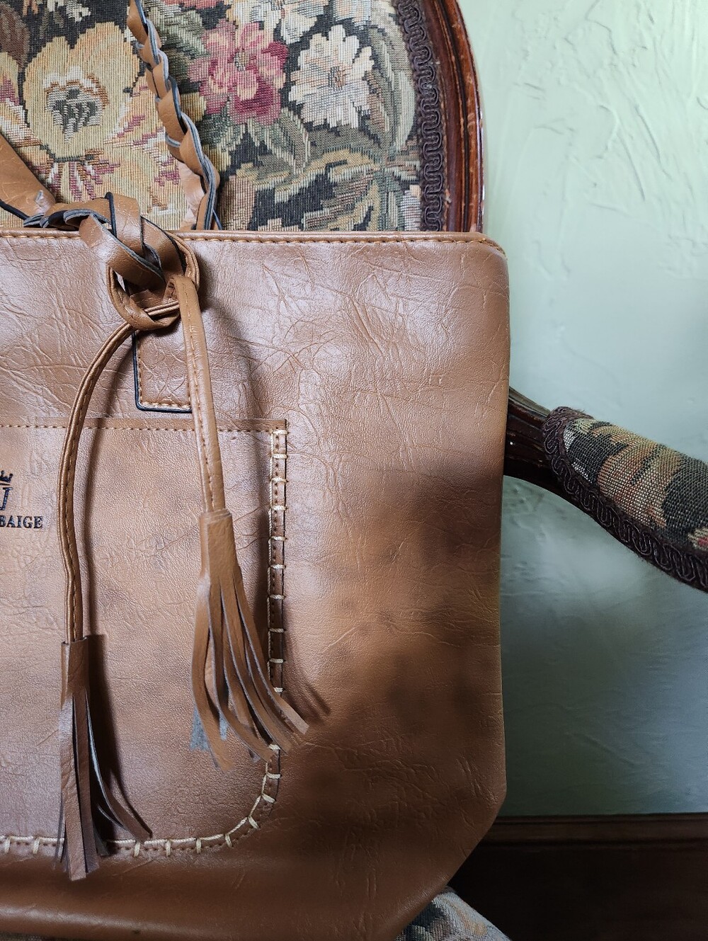 🔥WEIMEIBAIGE Tan Faux Leather Dbl Braided-Handle Tote w/Tassel Detail - Picture 8 of 8